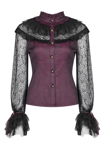 PUNK RAVE SHOP Y-998RD WY-998CCF-RD Burgundy shirt with black lace and transparent sleeves, back lacing, punk rave