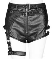 Black faux leather shorts with openings and harness strap, sexy punk rock, Punk Rave